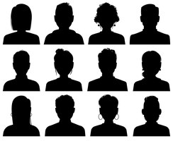 Силуэтные аватары. лица офисные профессиональные профили, анонимные руководители. женщины и мужчины сталкиваются с черными иконами портретов, набор безликих социальных шаблонов