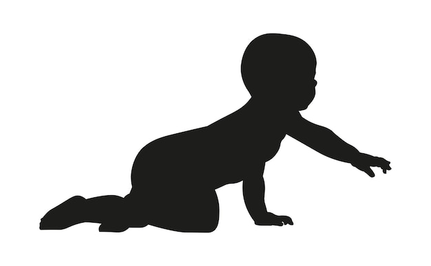 Silhouette di un bambino in una posa che striscia su sfondo bianco bambino nero