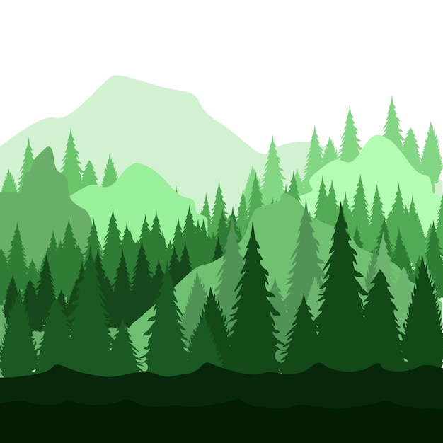 Vector silhouette background illustration of green tropical forest and mountains