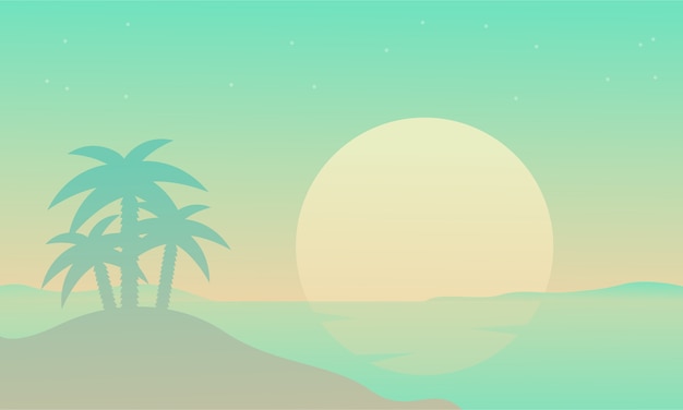 Vector silhouette of beach with palm at sunrise