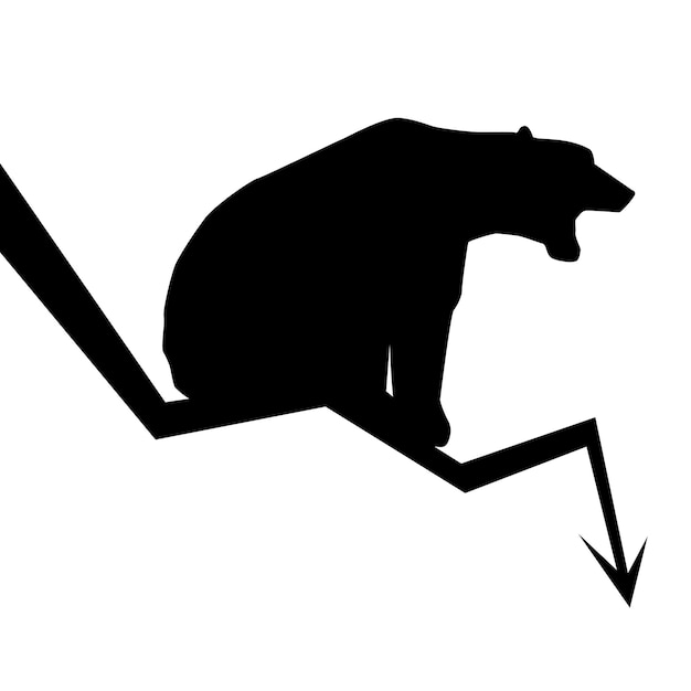 白で隔離下向きトレンド矢印に座っているクマのシルエット。市場の秋のシンボル。ベクトルイラスト。