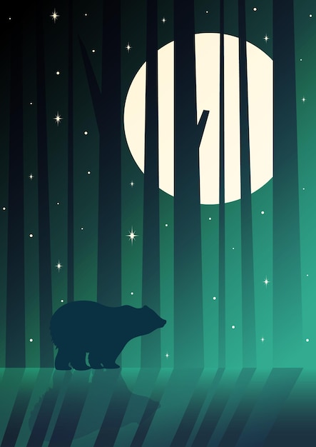 Silhouette of bear standing in night forest magical misty landscape grizzly hunting