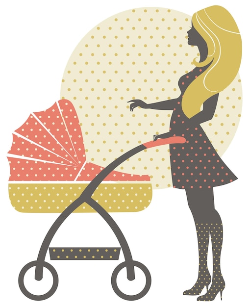 Vector silhouette of beautiful mother with baby carriage in retro style