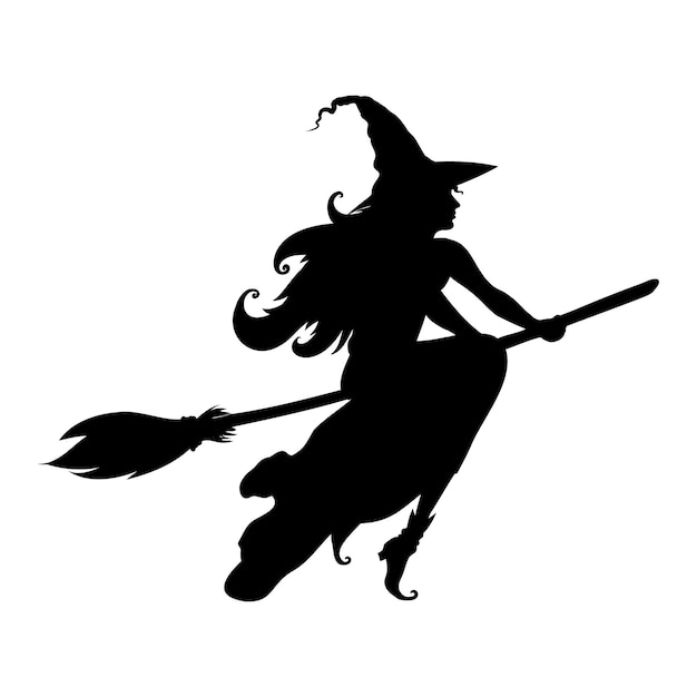 Vector silhouette of beautiful witch flying on broomstick.