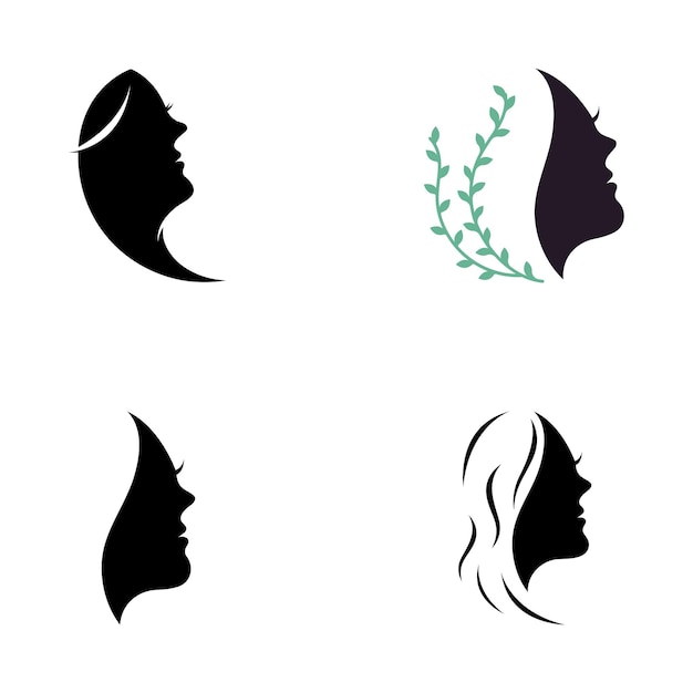 여성용 살롱 및 스킨케어 벡터 로고 디자인 템플릿을 위한 잎 로고가 있는 실루엣 아름다운 여성 얼굴