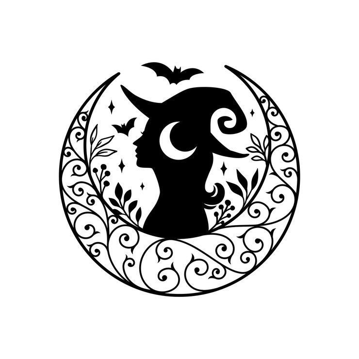 Vector silhouette of beautiful young witch with crescent moon decoration
