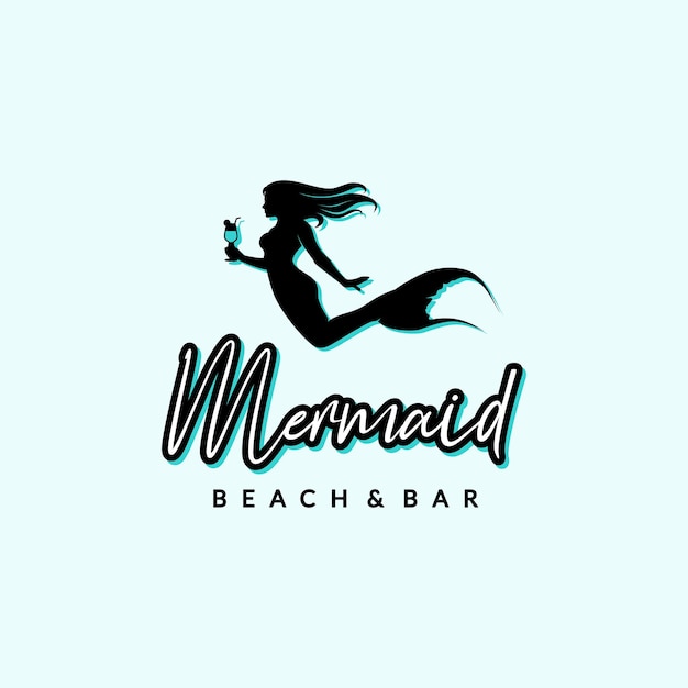 Vector silhouette beautifull mermaid with drink glass for cafe bar logo design