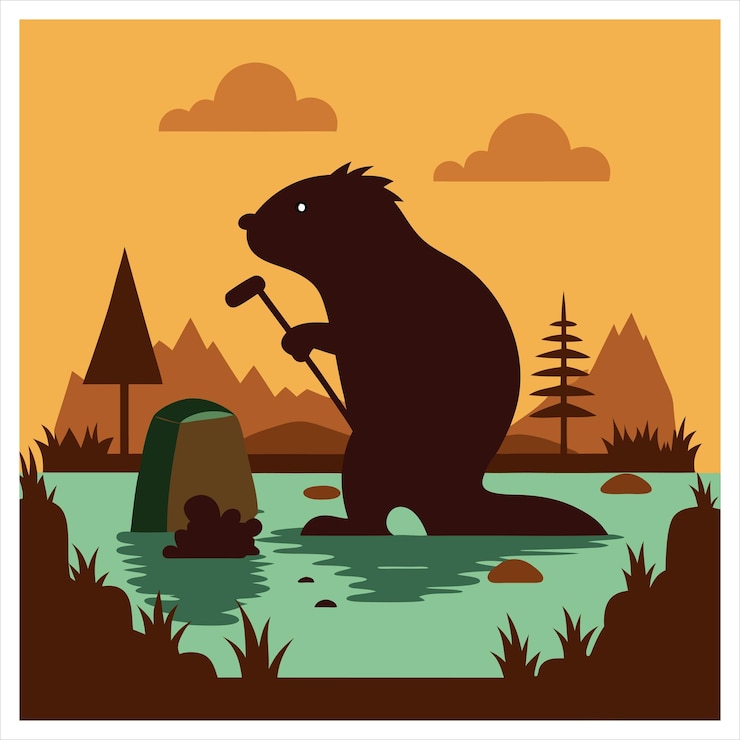 Vector silhouette beaver in nature landscape vector