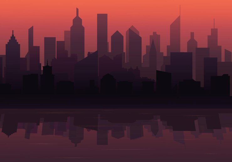 Vector silhouette of a big city with a beautiful sunset