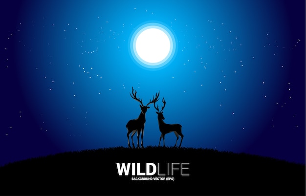 Силуэт большого оленя с ночью с луной и звездным фоном. для естественного бережного отношения и сохранения окружающей среды.