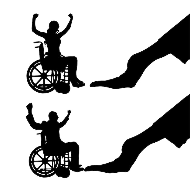 Vector silhouette of a big hand of an employer hires a happy disabled woman and man in a wheelchair vector silhouette