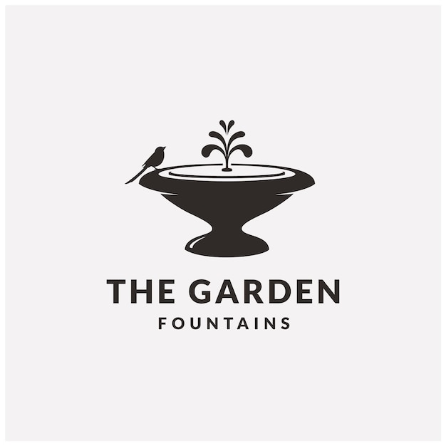 Vector silhouette bird with water fountain stone garden for outdoor decoration landscape logo design