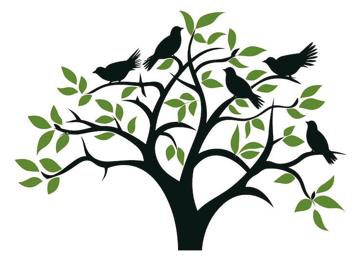 Vector silhouette of a birds flying to the tree wall art decor vector illustration