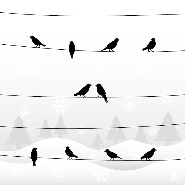 Vector silhouette of birds on wires in winter season