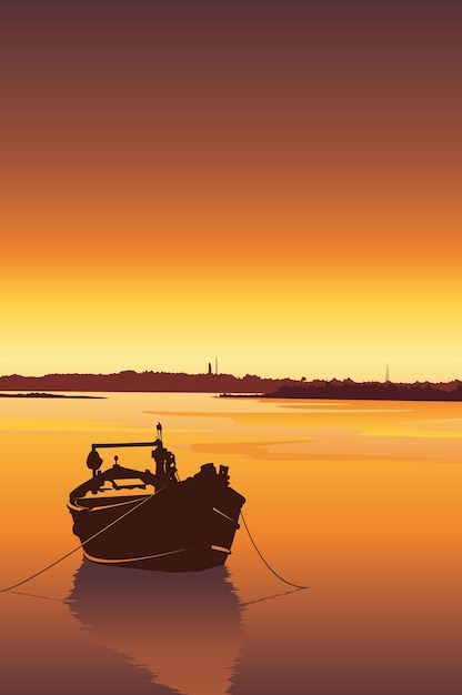 Vettore silhouette di una barca sul fiume al tramonto sfondo vettoriale illustrazione di sfondi mobili