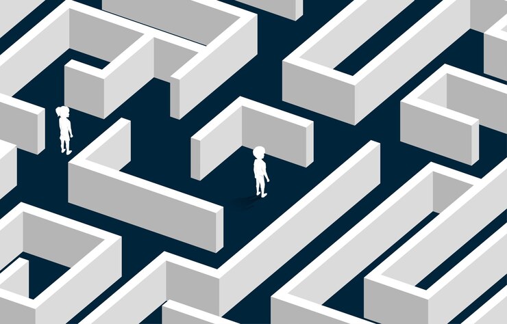 Vector silhouette of boy and girl in the maze. concept of for problem of children future.
