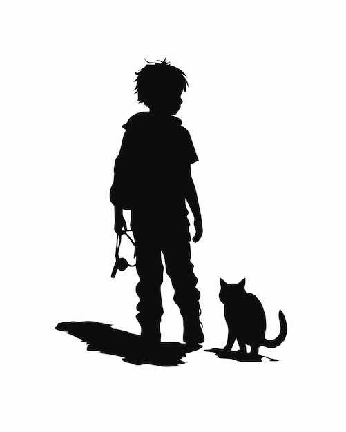 Silhouette of a boy with a cat and a gun