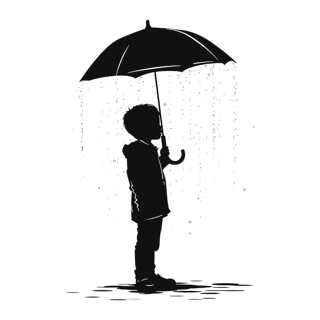 雨が降るときに傘を持ったシルエットの少年 黒い色のみ