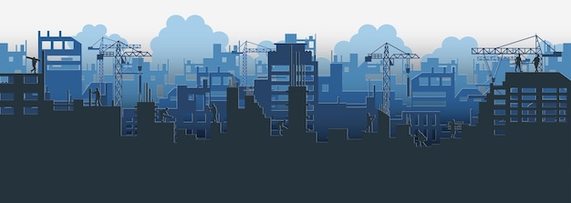 Silhouette building construction site with a tower crane and engineer and machineryVector illustration