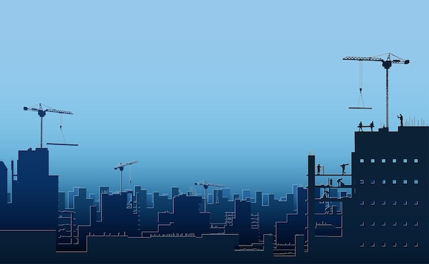 Silhouette building construction site with a tower crane and engineer and workersVector illustration