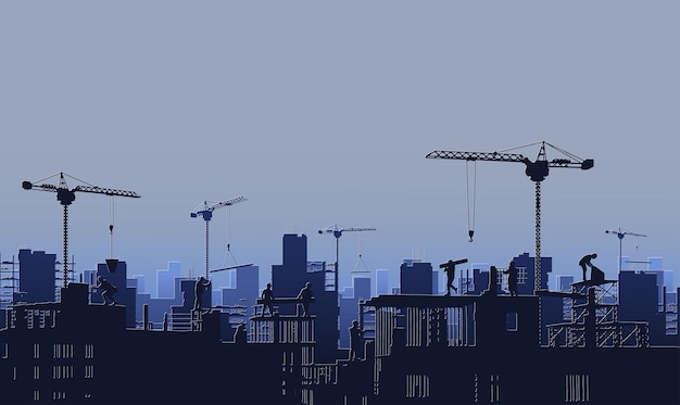 Silhouette building construction site with a tower crane and engineer and workersVector illustration