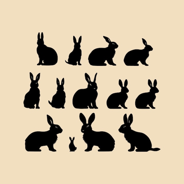 Vettore silhouette bunny set clipart su uno sfondo di colore esadecimale