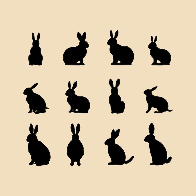 Vector silhouette bunny set clipart on a hex color background