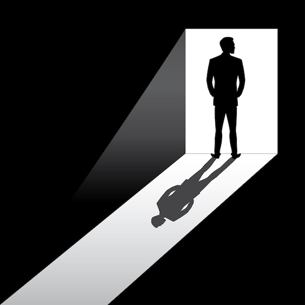 Silhouette of business man entering dark room with bright light in doorway vector illustration
