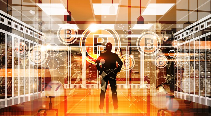 Vector silhouette business man point finger to bitcoin crypto currency concept digital web money technology