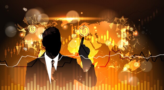 Vector silhouette business man point finger to bitcoin over world map crypto currency concept digital web m