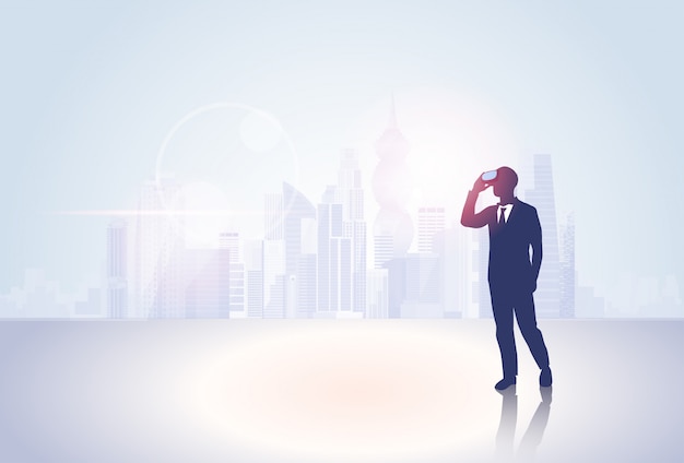 Vector silhouette business man wear virtual reality digital glasses big city background