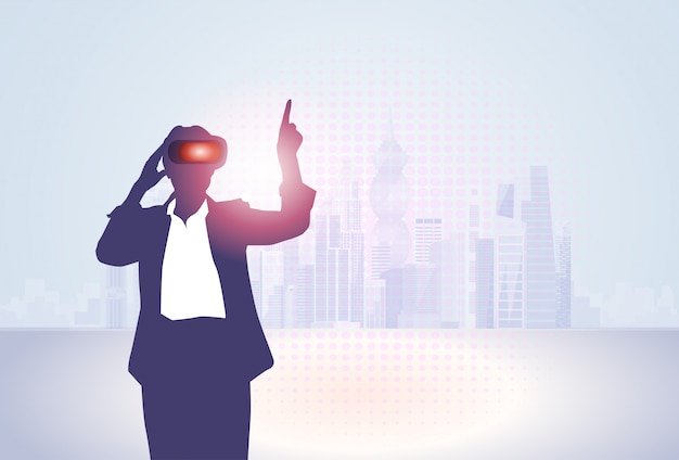 シルエットビジネス女性仮想現実デジタルメガネを着用