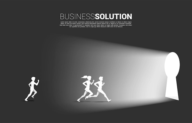 Silhouette of businessman and businesswoman running to exit door key hole. Concept of business challenge and competition.