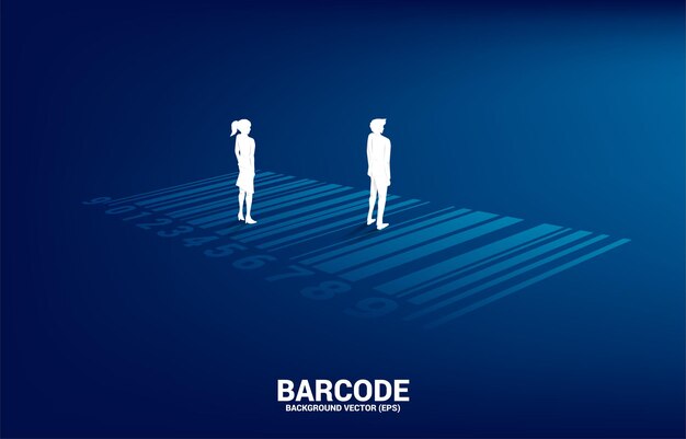 Silhouette businessman and businesswoman standing on bar code on the floor. Concept for e-commerce and retail shopping.