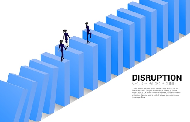 Silhouette of businessman and businesswoman walking on domino collapse concept of business industry disrupt