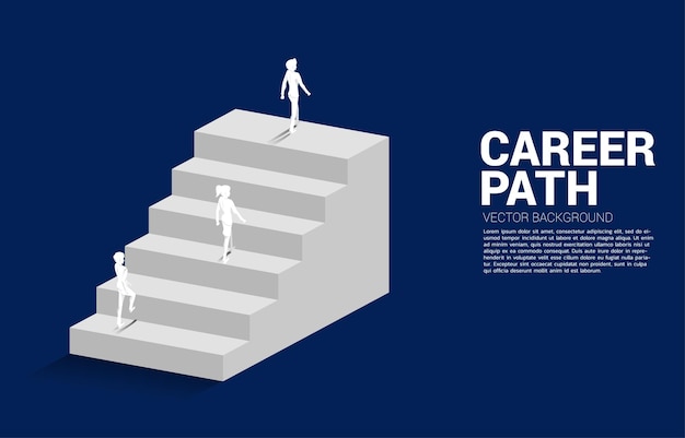 사업가 및 사업가의 실루엣 계단을 올라가는 사람들의 경력 및 비즈니스 수준을 높일 준비가 된 사람들의 개념