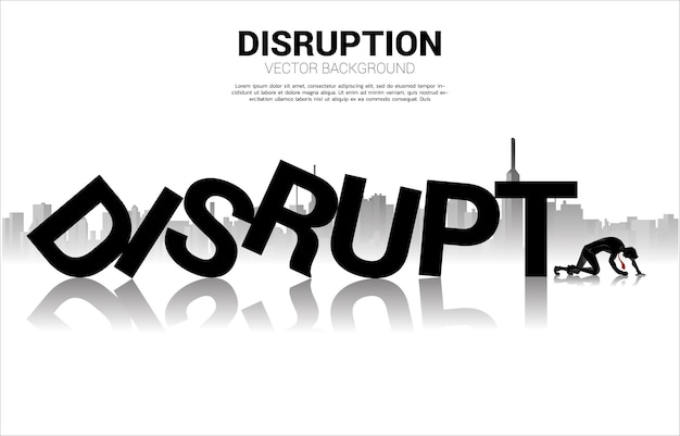 Silhouette of businessman crawl at the end of disrupt domino collapse. concept of business industry disrupt.