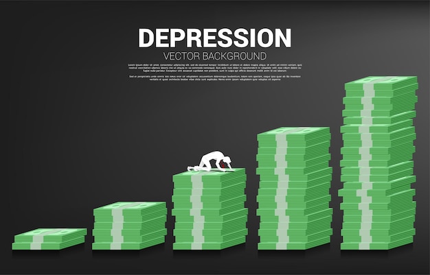 Silhouette of businessman crawling on banknote graph. concept for depression business in work.