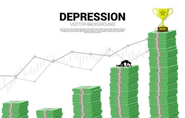 Vector silhouette of businessman crawling on banknote graph. concept for depression business in work.