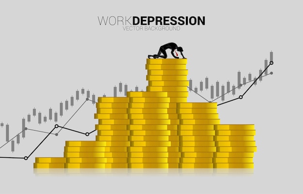Silhouette of businessman crawling on stack of coin. concept for depression business in work.