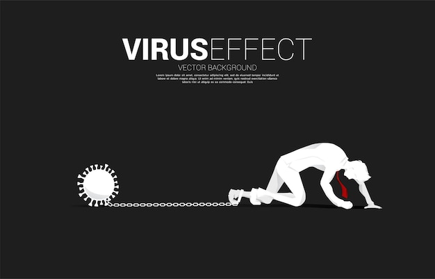 Silhouette of businessman crawling with chained at leg with virus. Concept for depression and obstacle business.