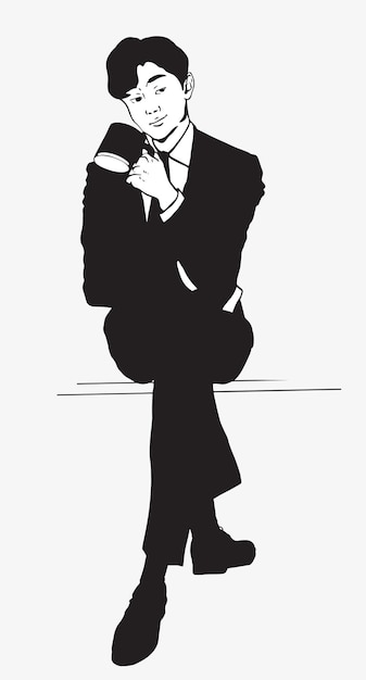 Vector silhouette of businessman drinking coffee