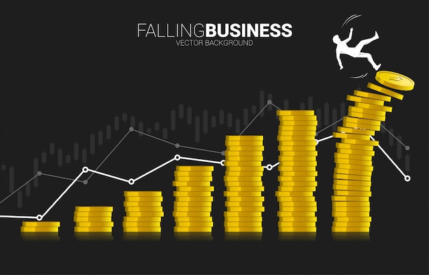 Silhouette of businessman falling down from stack of money coin. decline in business value and revenue.