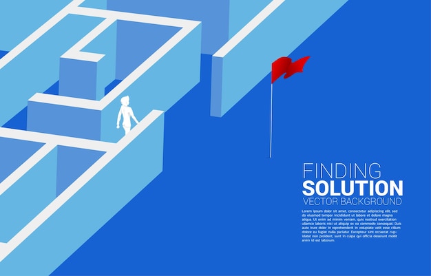 Vector silhouette of businessman find the way out from maze to red flag business concept for finding solution and reach goal