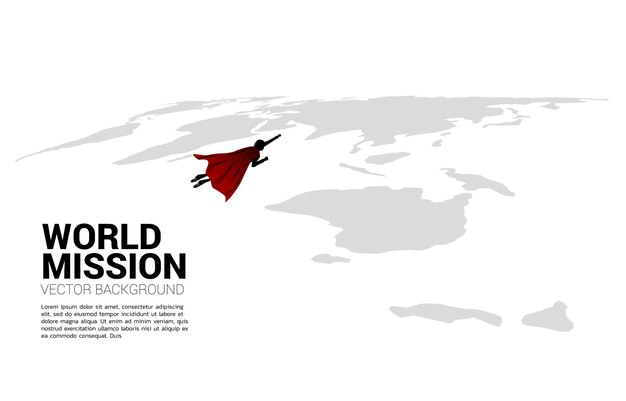 Silhouette of businessman fly over the world map. business concept of world target mission.