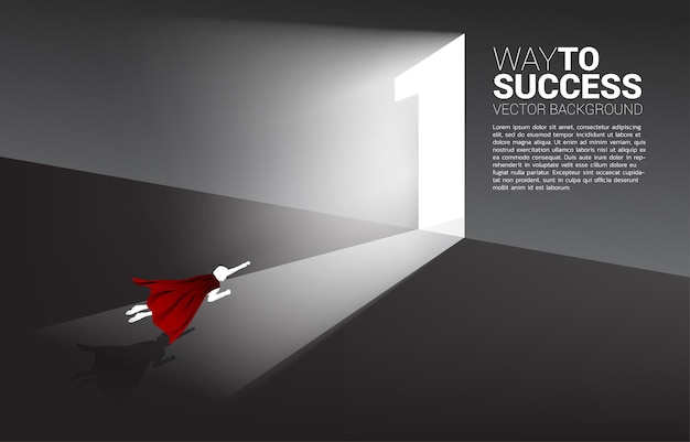 Silhouette of businessman flying to exit door number one. concept of career start up and business solution.
