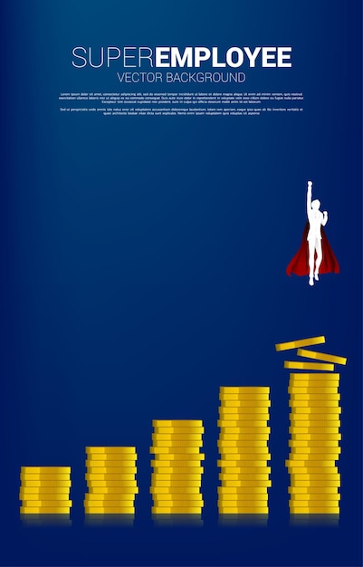 Silhouette of businessman flying from higher column of graph coin stack. concept of boost and growth in business.