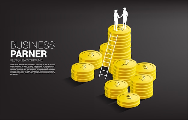 Silhouette of businessman handshake on top of coin stack with ladder . concept of business partnership and cooperation.