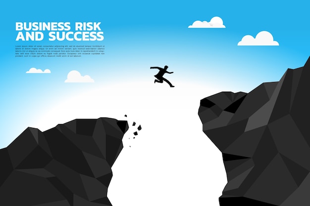 Vector silhouette of businessman jump to higher cliff.