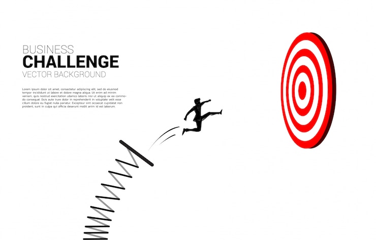 Vector silhouette of businessman jumping to target dartboard. business concept of targeting and customer.route to success.